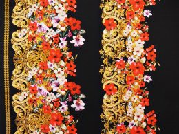 Jedwab krepa - Złoty haft i kwiaty na czerni