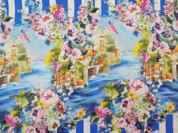 Jedwab szyfon - Widok Portofino i kwiaty [panel 1,25 m]