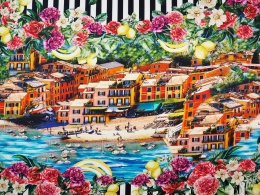 Bawełna elastyczna - Portofino, kwiaty i cytryny [panel 1,5 m]