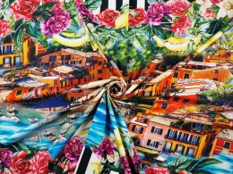 Bawełna elastyczna - Portofino, kwiaty i cytryny [panel 1,5 m]