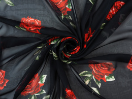Jedwab szyfon - Malowane róże na czerni