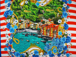 Wiskoza - Portofino i niebieskie kwiaty [panel 1,4 m]