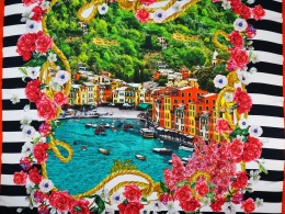 Wiskoza - Portofino i różowe kwiaty [panel 1,4 m]