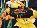czarny jedwab w żonkile, motyle i złote ornamenty