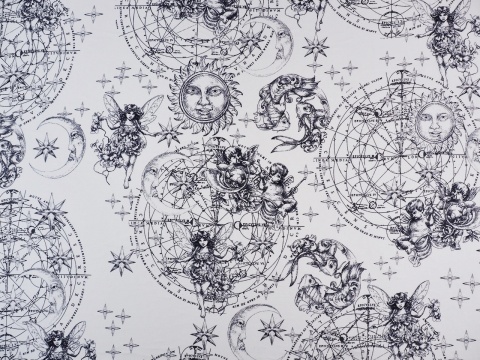 biały jedwab w fantazyjne i astrologiczne motywy