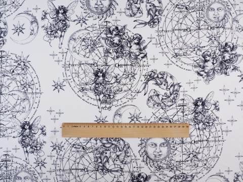 biały jedwab w fantazyjne i astrologiczne motywy