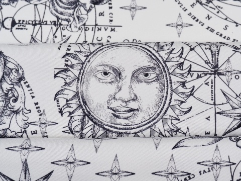 biały jedwab w fantazyjne i astrologiczne motywy