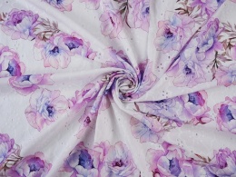 biała bawełna ażurowa we fioletowe anemony
