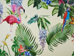 Bawełna elastyczna - Flamingi, papugi i liście