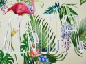 kremowa bawełna w tropikalne liście i kwiaty oraz flamingi, papugi, motyle
