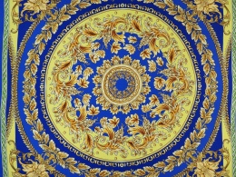 Jedwab krepa - Medalion i złote ornamenty, niebieski [panel 1,4 m]