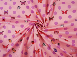 różowa bawełna w motyle, biedronki i fioletowe grochy