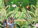 zielona bawełna w egzotyczną roślinność i zwierzęta - ptaki i drapieżne koty
