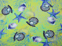 limonkowa dzianina w niebieskie morskie motywy - koralowce, muszle, rozgwiazdy