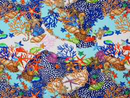 błękitna dzianina wiskozowa w modne, morskie motywy - muszle, koralowce, rozgwiazdy