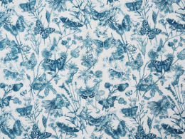 biała bawełn devore w niebieskie kwiaty i motyle